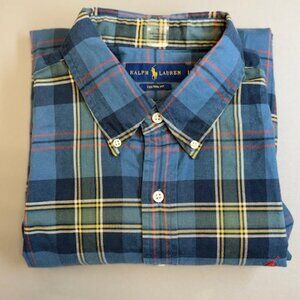 Polo Ralph Lauren Mens Shirt Large Custom Fit Long Sleeve Plaid Blue NWOT